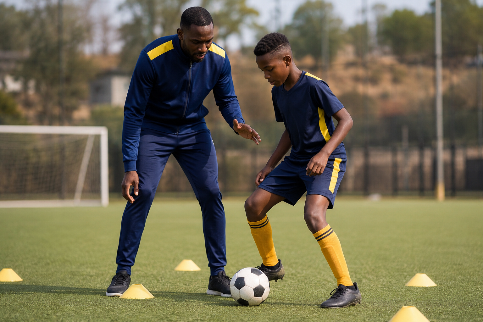 Coach accompagnant un jeune joueur lors d’un exercice technique