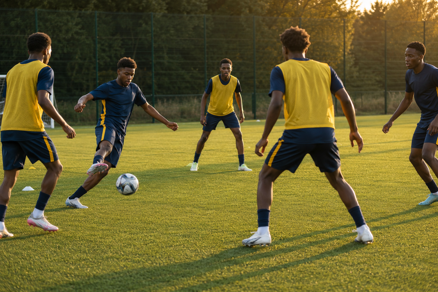 Jeunes joueurs pendant un exercice collectif de football